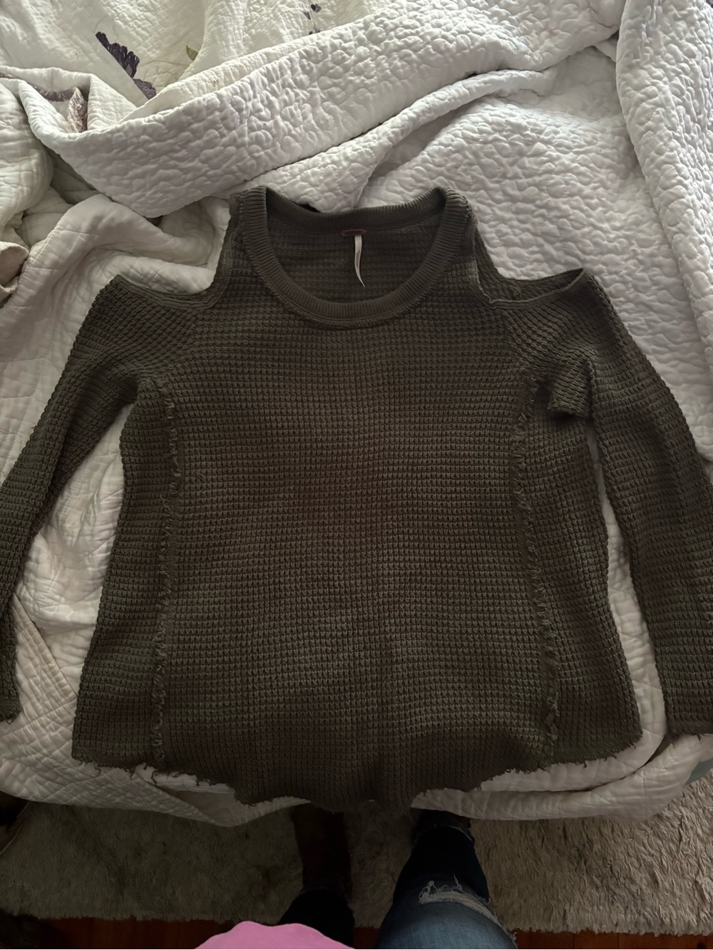 Free People Olive Green Off-the-Shoulder Waffle Knit Sweater